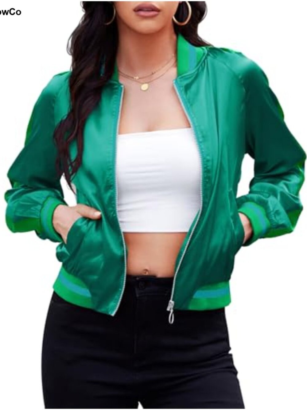 Cropped Bomber Jacket for Women Zip Up Lightweight Casual Striped Cuffs with
